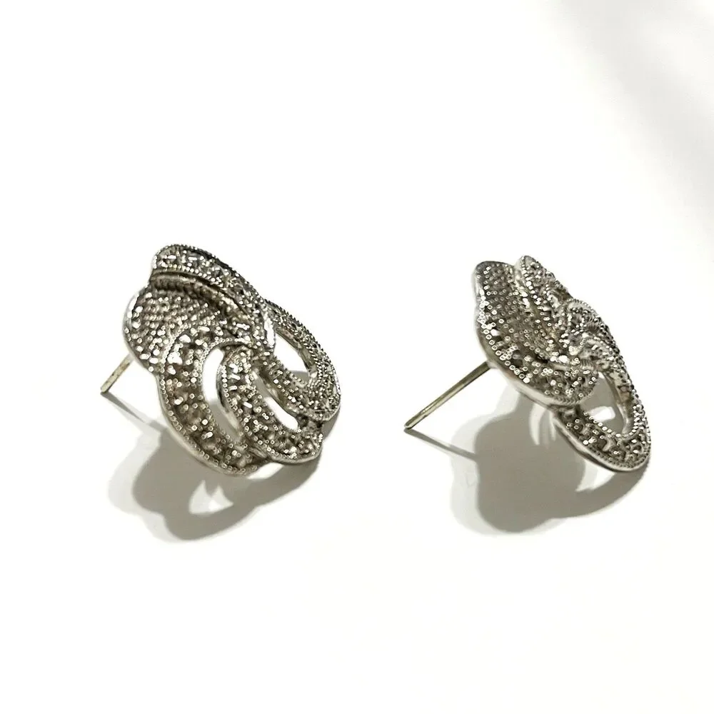 Silver Tone Knot Circle Earrings Stud Marcasite Textured Openwork Abstract Chic